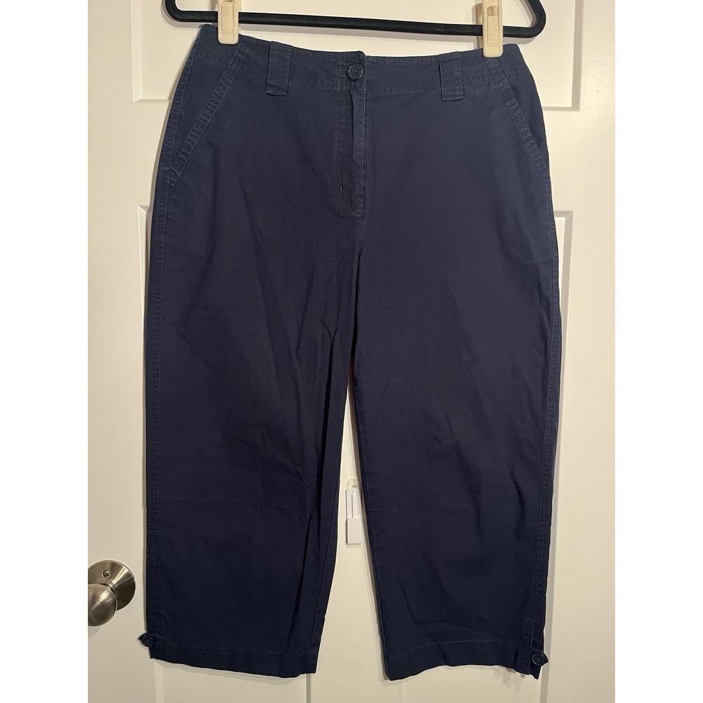Talbots Stretch Cropped Pants Womens 8 Navy Blue Cargo Flap Pocket Capris